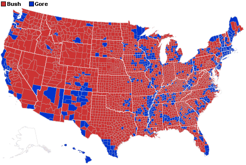 Red vs blue counties in 2000